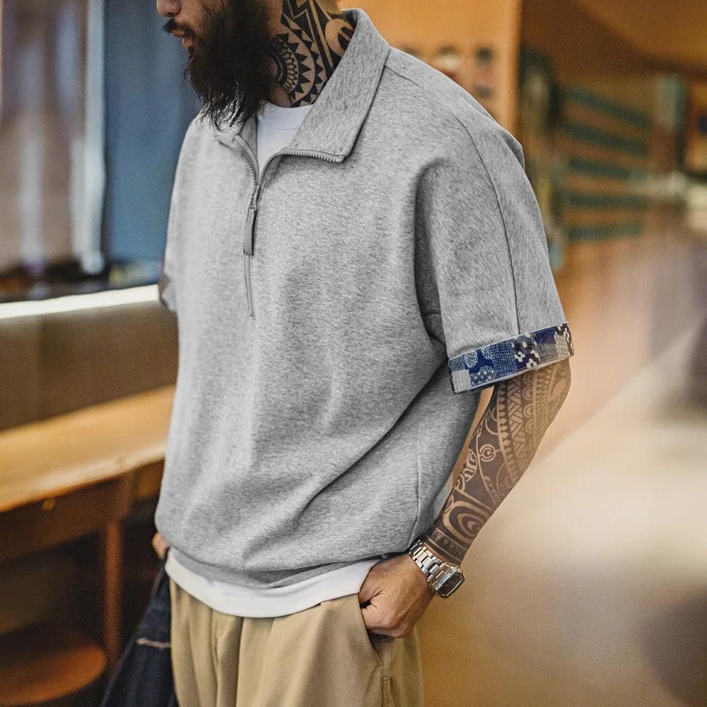 Maden Vintage demi-zip Boro Style à manches courtes Polo hommes été Indigo teint imprimé col ample T