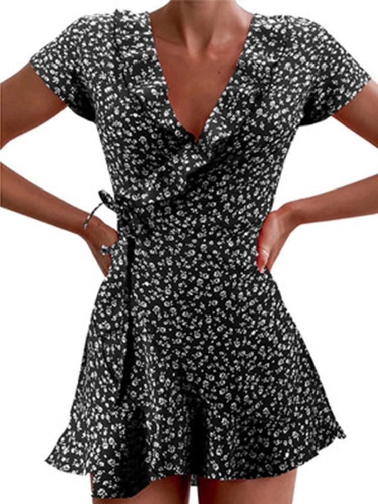 Robe trapèze flottante d'été pour femmes, douce et élégante, à volants floraux, col en v, robe court