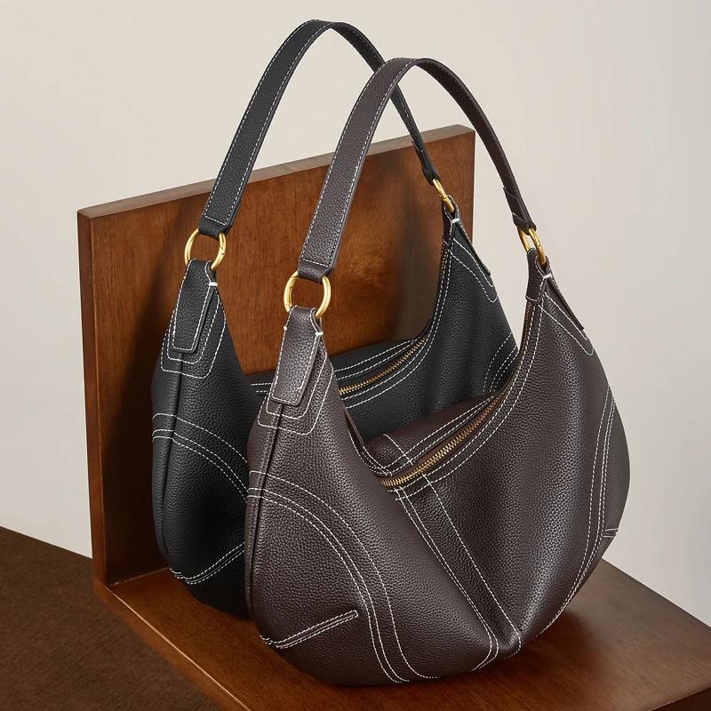 HIFASHION Sacs à bandoulière demi-lune en cuir de vachette véritable pour femmes, tendance 2026, sac