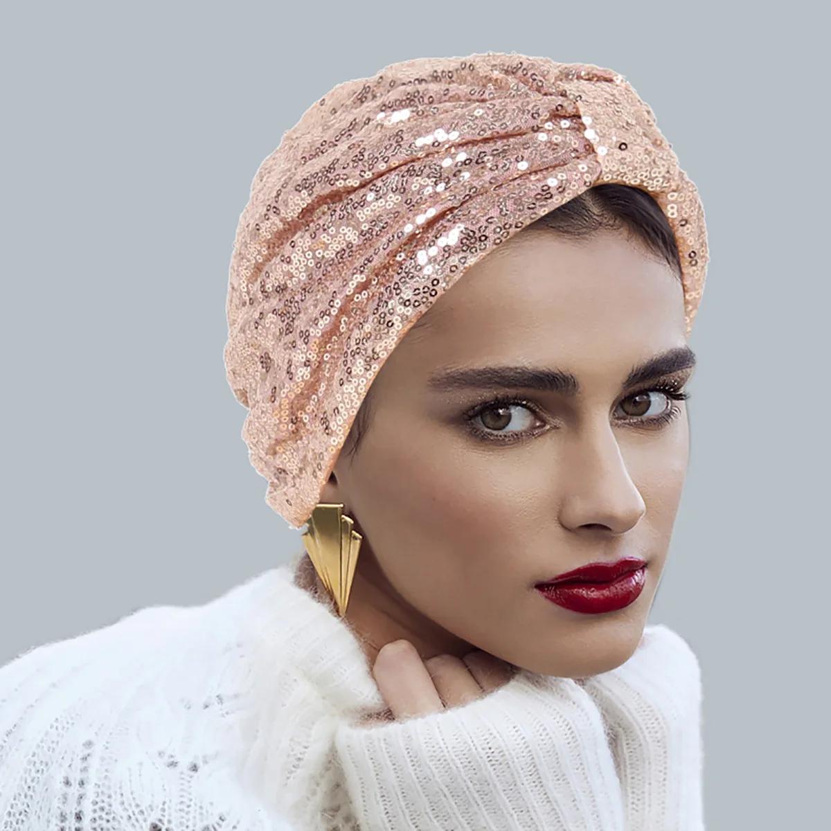 Chapeau turban noué à paillettes pour femmes, bonnet musulman brillant, vêtements de sauna, bonnet f