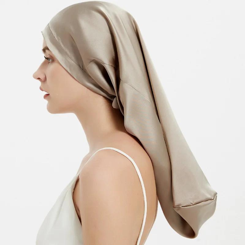 Bonnet de sommeil en soie de mûrier 100%, Bonnets longs avec bande de cravate élastique, bretelles r