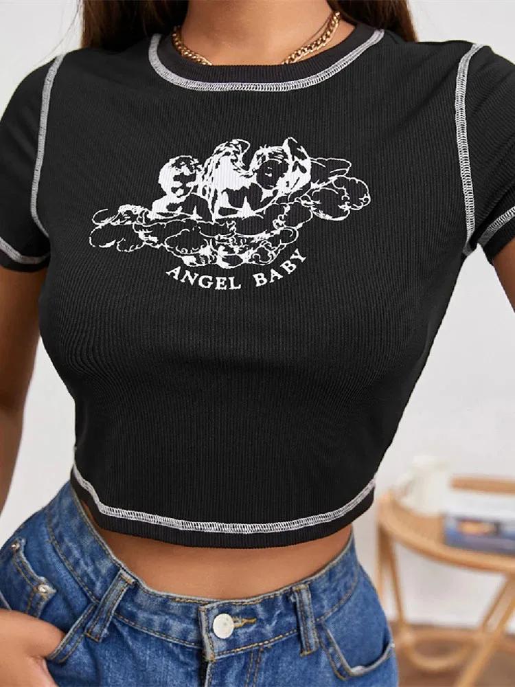 T-shirt manches courtes col rond femme, slim fit, décontracté et sauvage, pour l'été