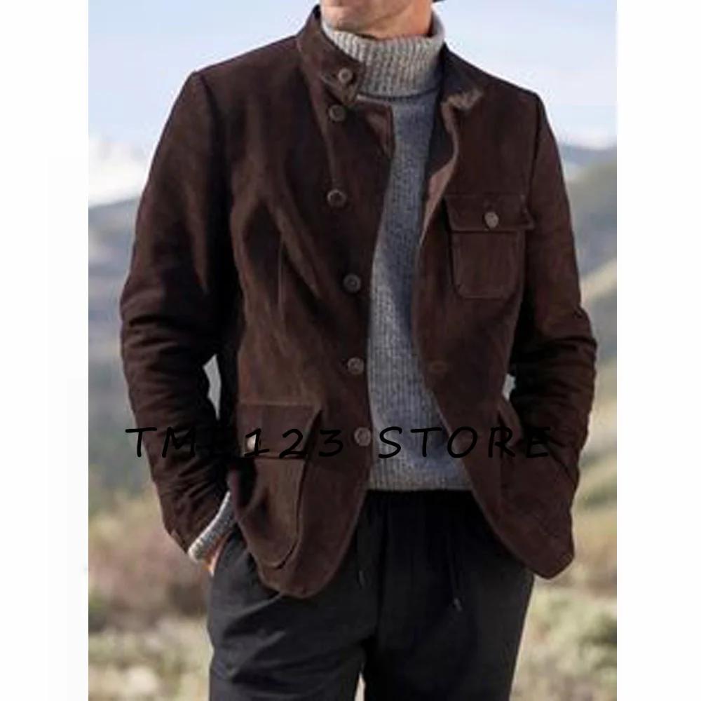 Veste Courte en Daim pour Homme, Manteau Chaud et Décontracté, Col en V, Simple Boutonnage, Combinai