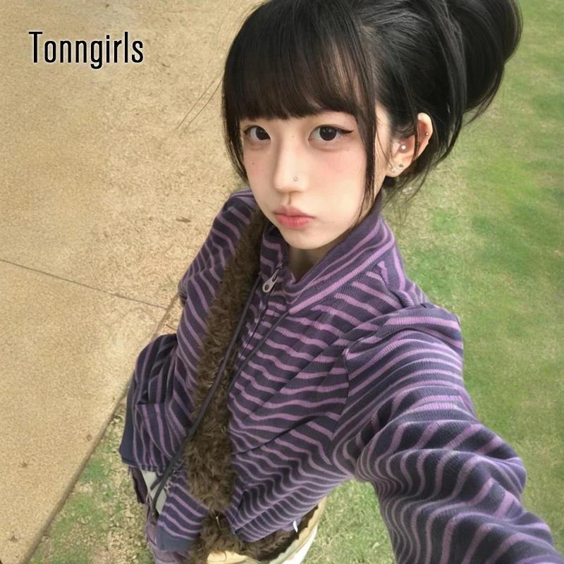 Tonngirls Y2k sweats japonais femmes à manches longues rayé col montant sweat haute rue graphique ma