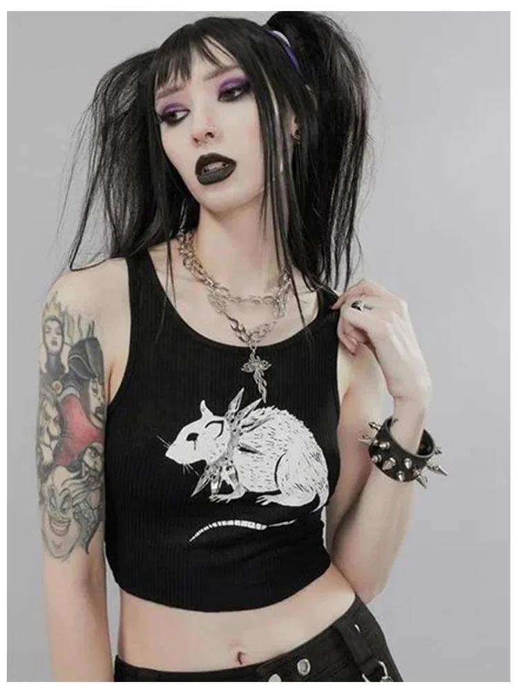 Débardeur noir imprimé souris, Goth, Sexy, moulant, hauts courts pour femmes, Streetwear, Harajuku, 