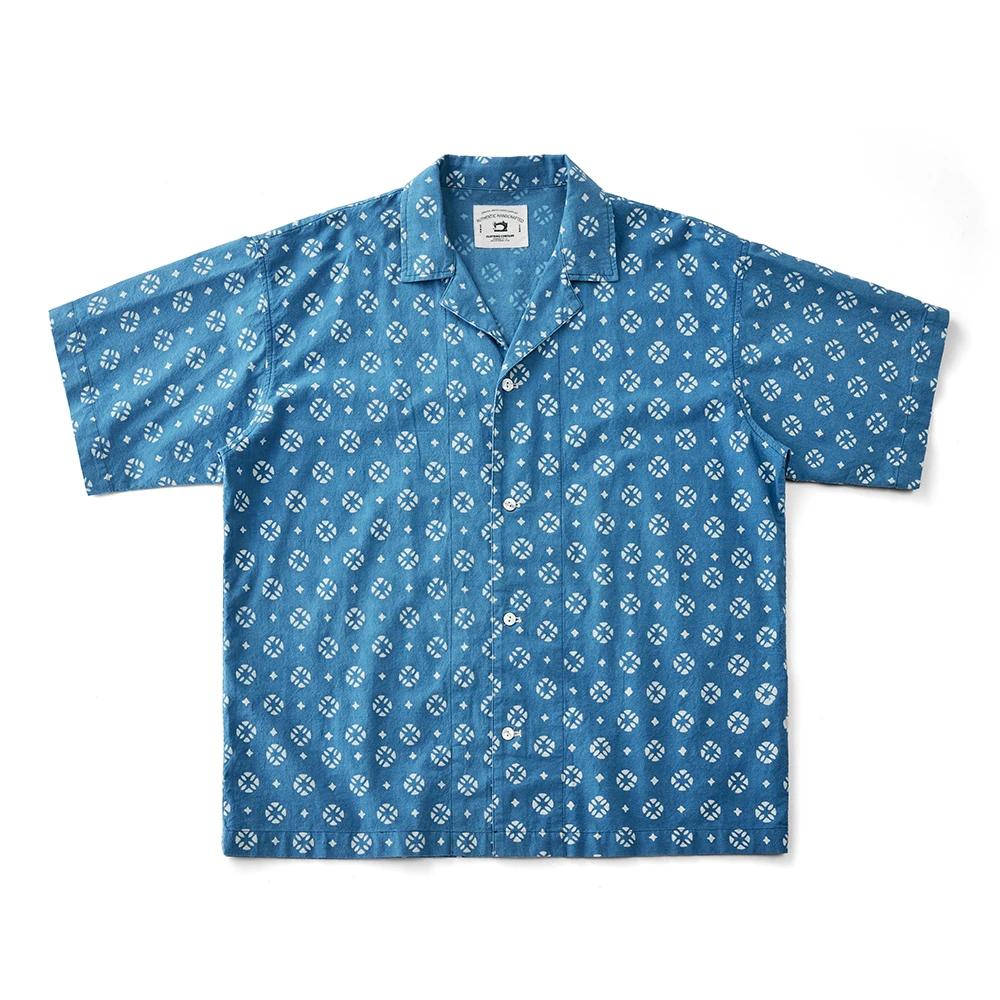 Vintage Indigo imprimé chemise hommes été nouveau bleu teint cubain revers manches courtes simple bo