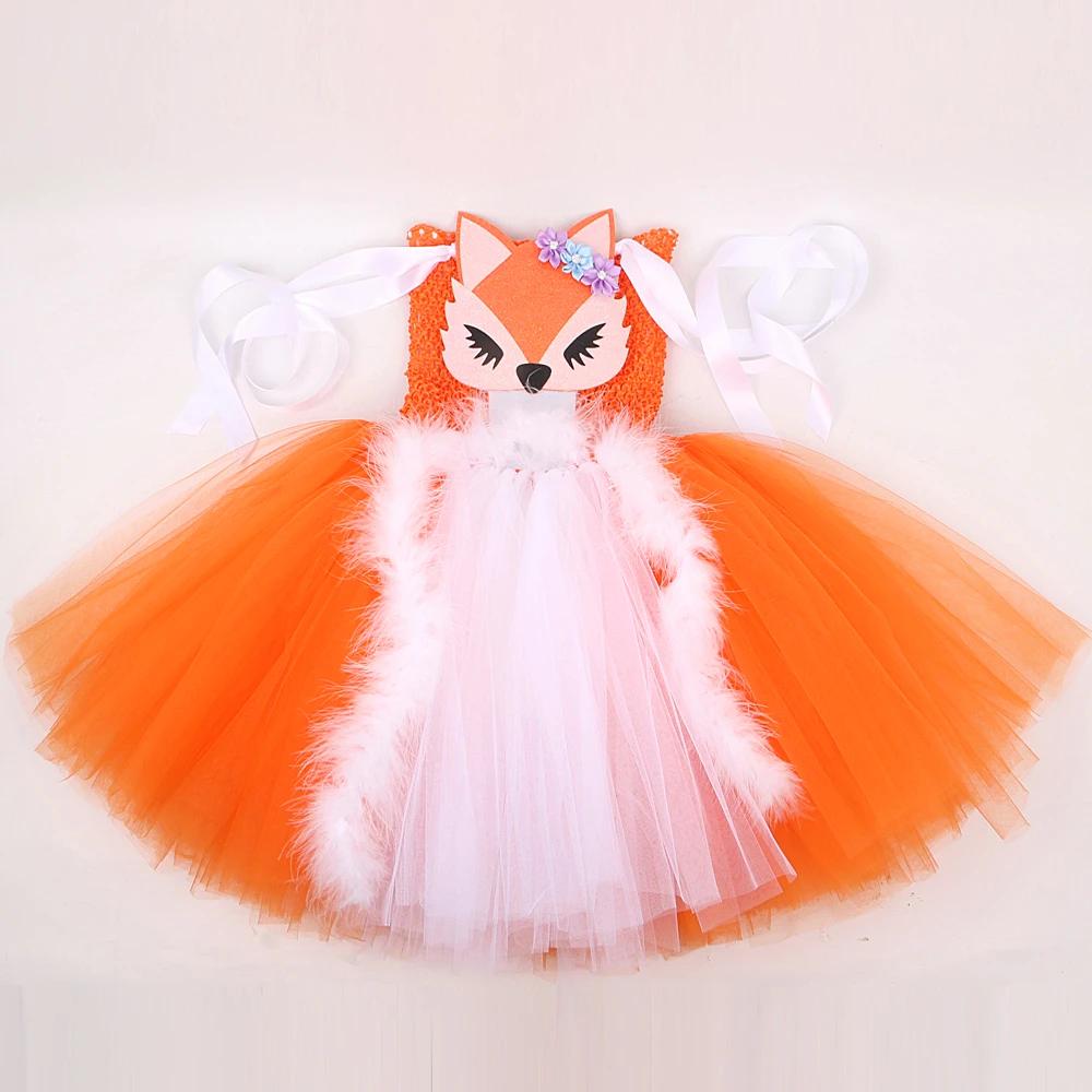Costumes de renard blanc et orange pour filles, enfants, robe tutu fantaisie avec oreilles, tenues d