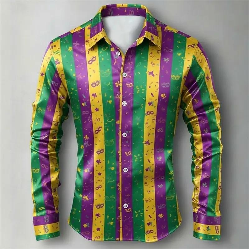 Mardi Gras – chemise à carreaux pour hommes, chemise boutonnée à manches longues, hawaïenne, décontr