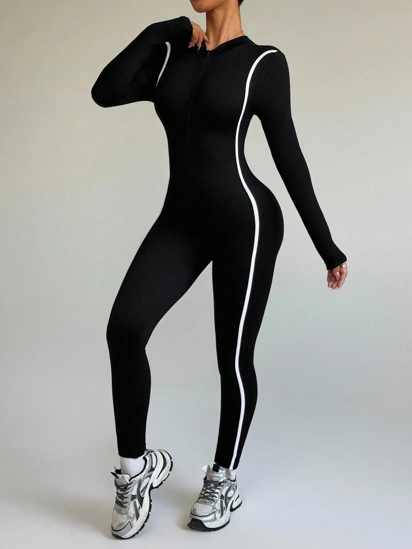 Body de Yoga à col montant et blocage de couleur rayé, vêtements de sport une pièce à séchage rapide