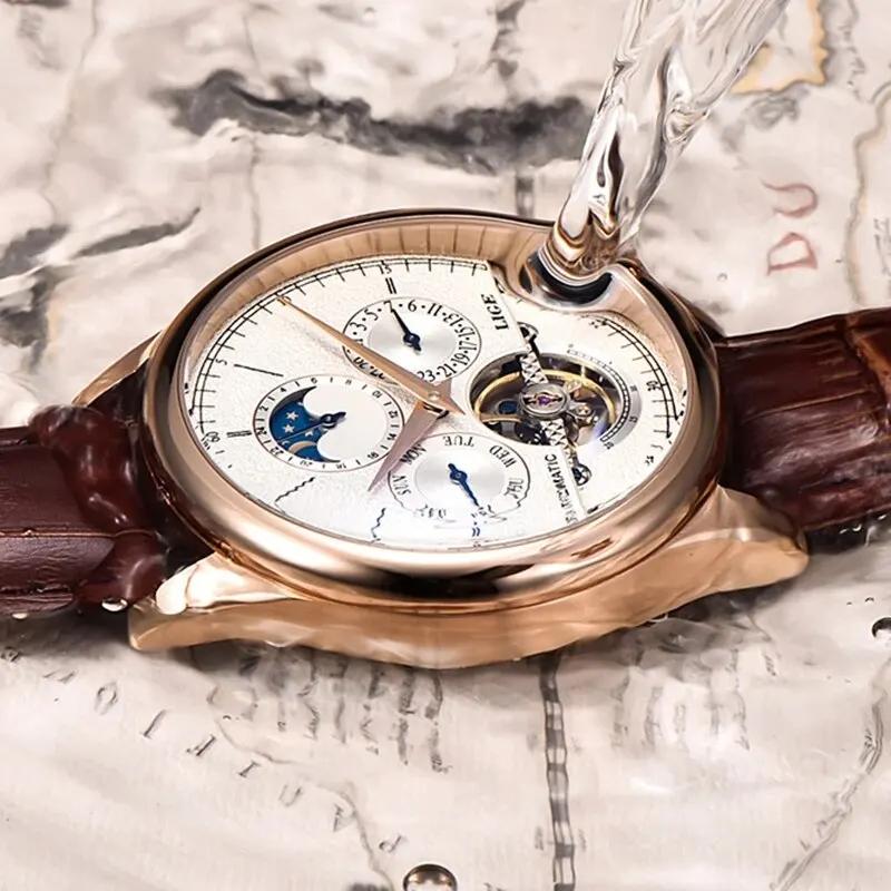 LIGE hommes montres automatique montre mécanique Tourbillon horloge en cuir véritable montre étanche