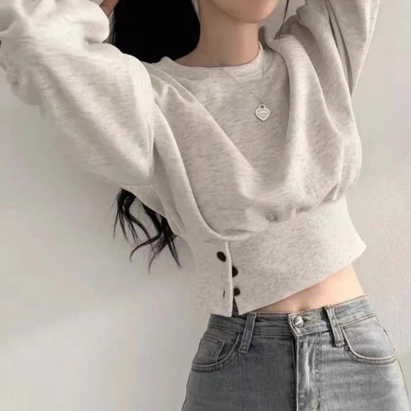 Haut court à col rond pour femme, couleur unie, manches lanternes, avec boutons, pull sportif Hip-Ho