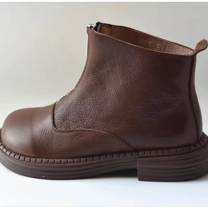 Bottes de chevalier rétro faites à la main pour femmes, bottes courtes en cuir naturel, bout large, 