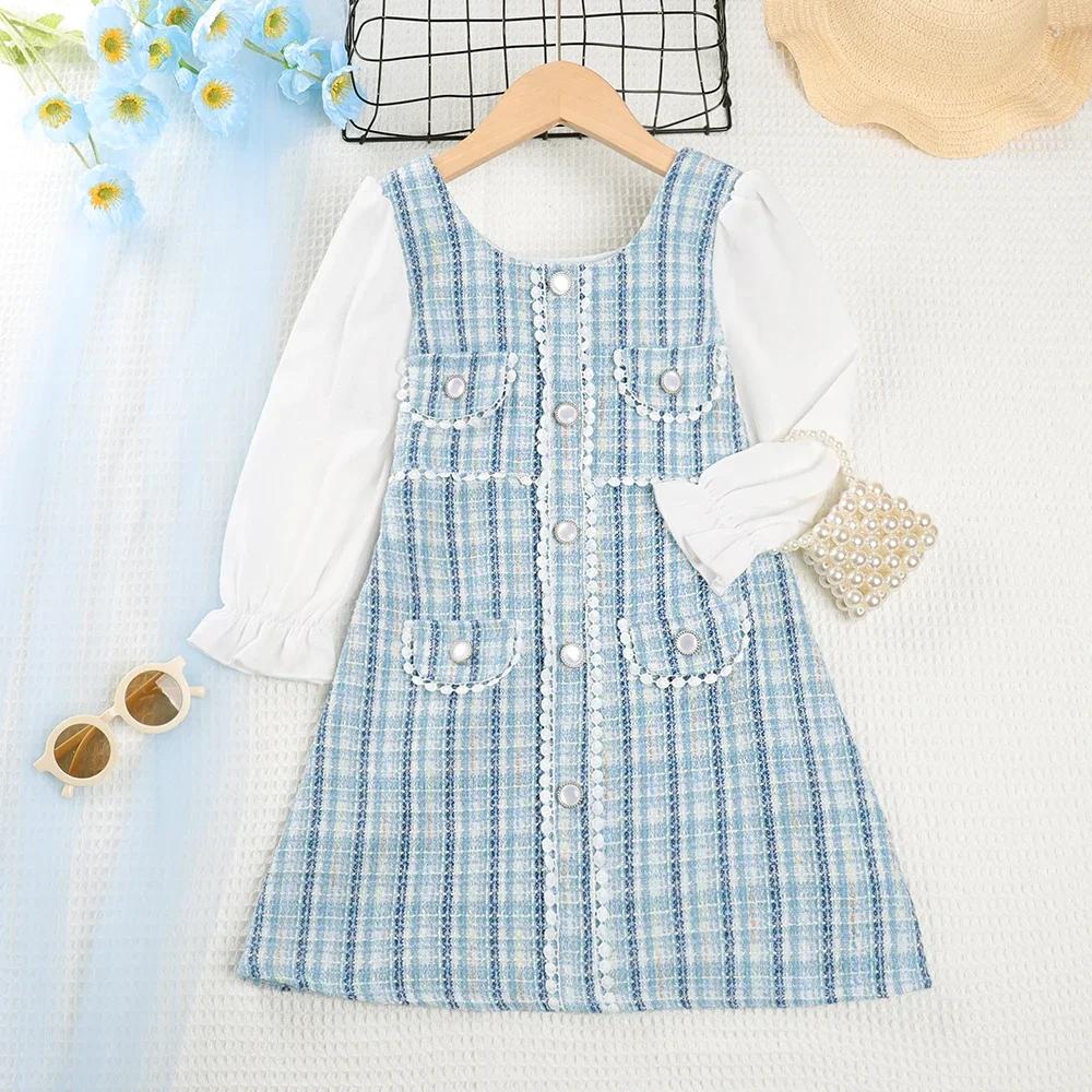Menoea – robe d'automne pour filles, col rond, carreaux, boutons en dentelle, manches longues, mode 