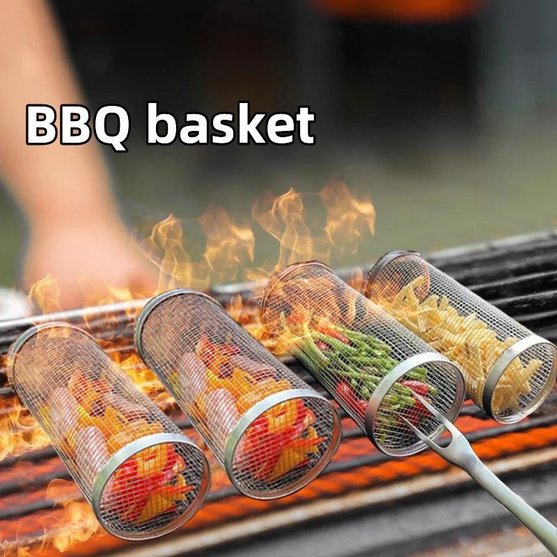 Panier à grillades roulant en acier inoxydable, panier à gril en maille Portable pour Camping en ple