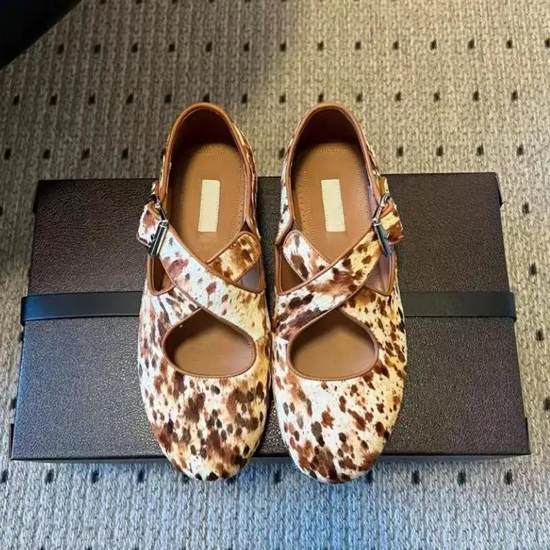 Chaussures plates Mary Jane en velours à bout rond de marque française, imprimé léopard, petites cha