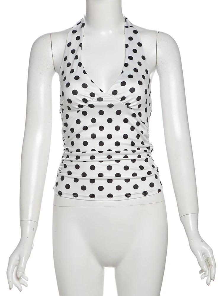 Gilet imprimé chat étrange à pois pour femmes, Y2K, dos nu, col en v, slim, tendance d'été, quotidie