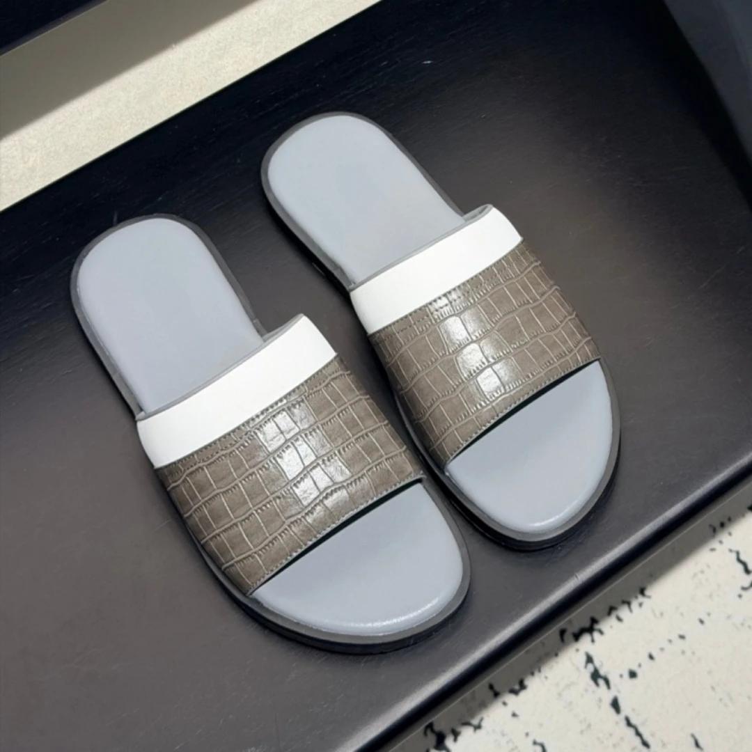 Sandales en cuir de vachette faites à la main, chaussures de luxe pour hommes, tongs de plage tendan