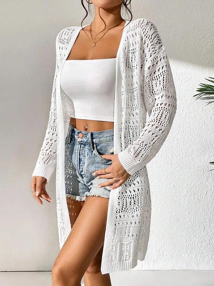Cardigan tricoté en polyester 100.00% de couleur unie avec pare-soleil et coupe ample, mi-long et pu