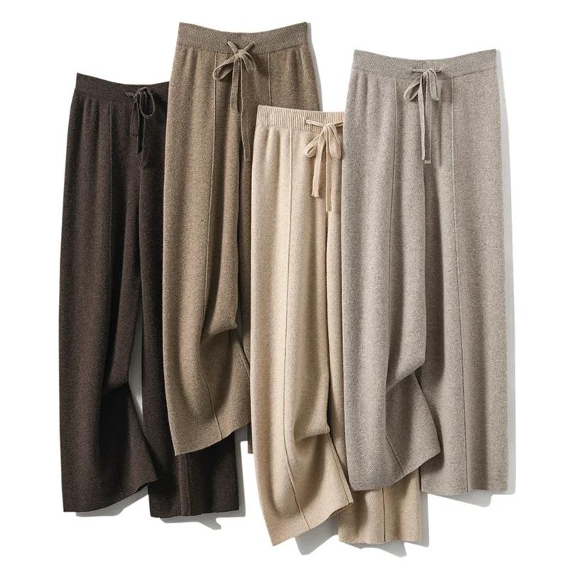 Pantalon taille haute en tricot chaud pour femmes, jambes droites à jambes larges, pantalon ample de