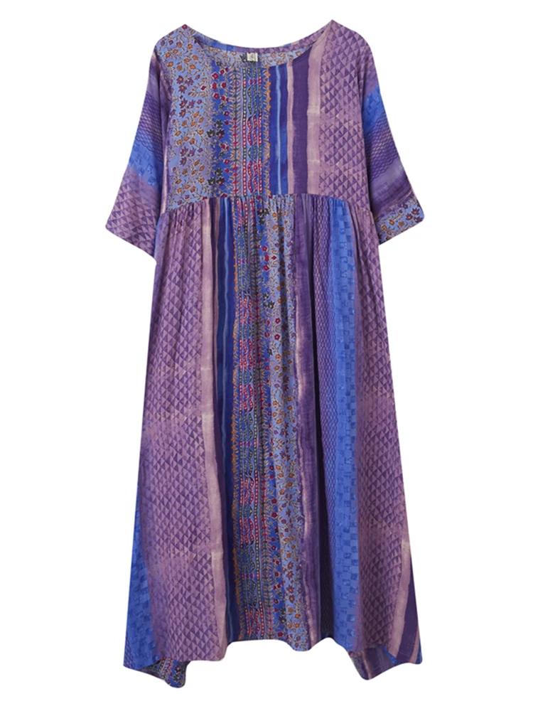 Manches courtes coton lin Vintage violet robes florales pour les femmes décontracté ample longue rob