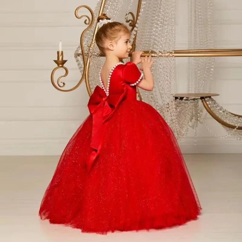 Robe de soirée princesse rouge pour filles, en Tulle bouffant, pour anniversaire, enfants, hôte, vio