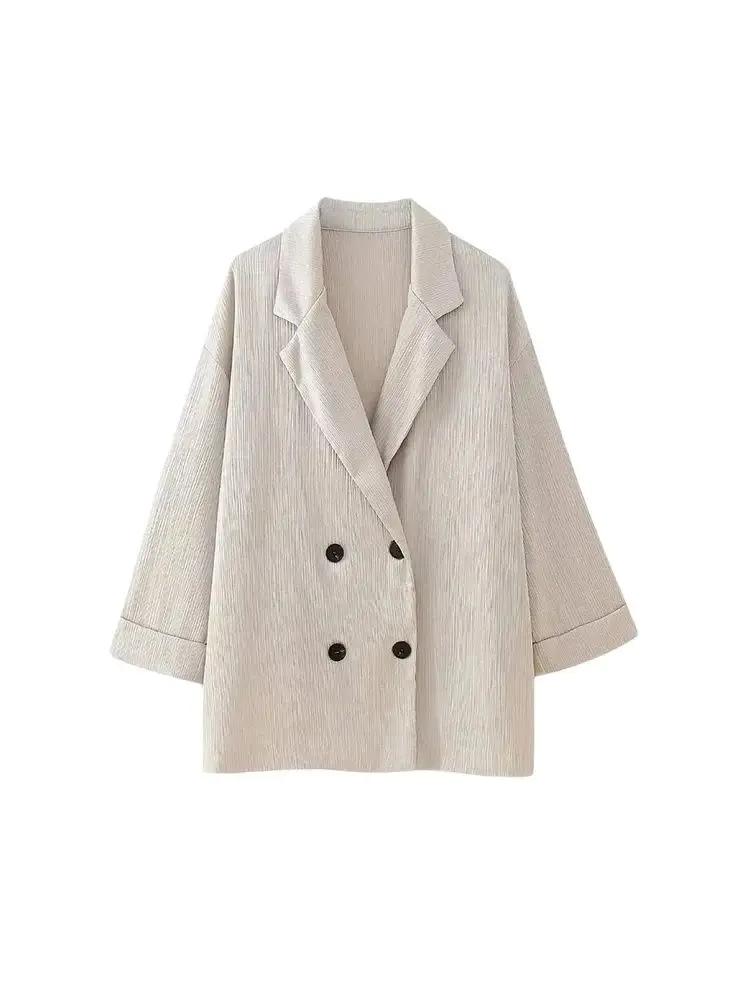 Manteau Blazer ample à Double boutonnage pour femmes, pantalon à jambes larges à taille haute élasti