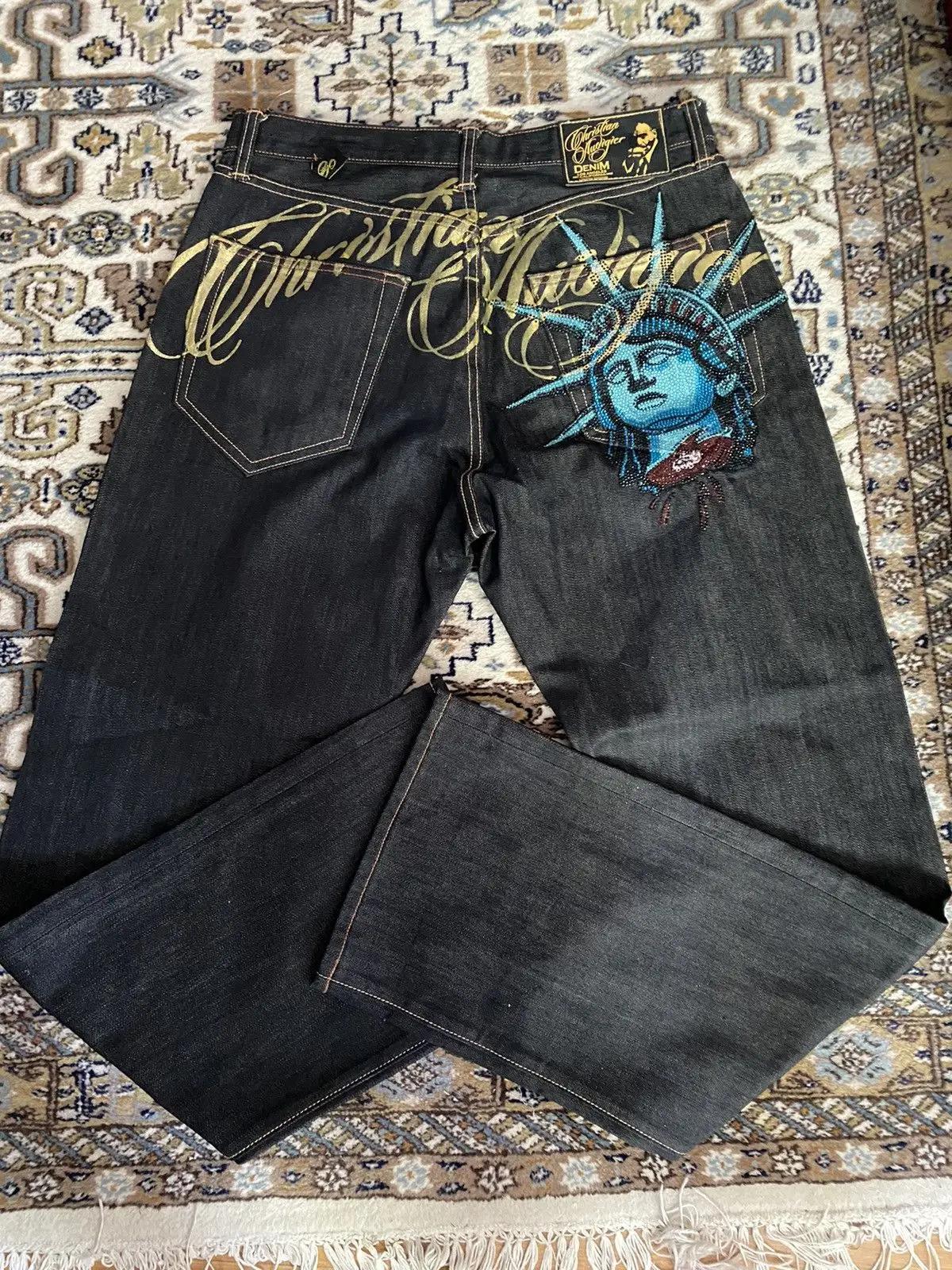 Jean décontracté vintage années 2000 avec motif Statue de la Liberté et diamants, taille haute, coup