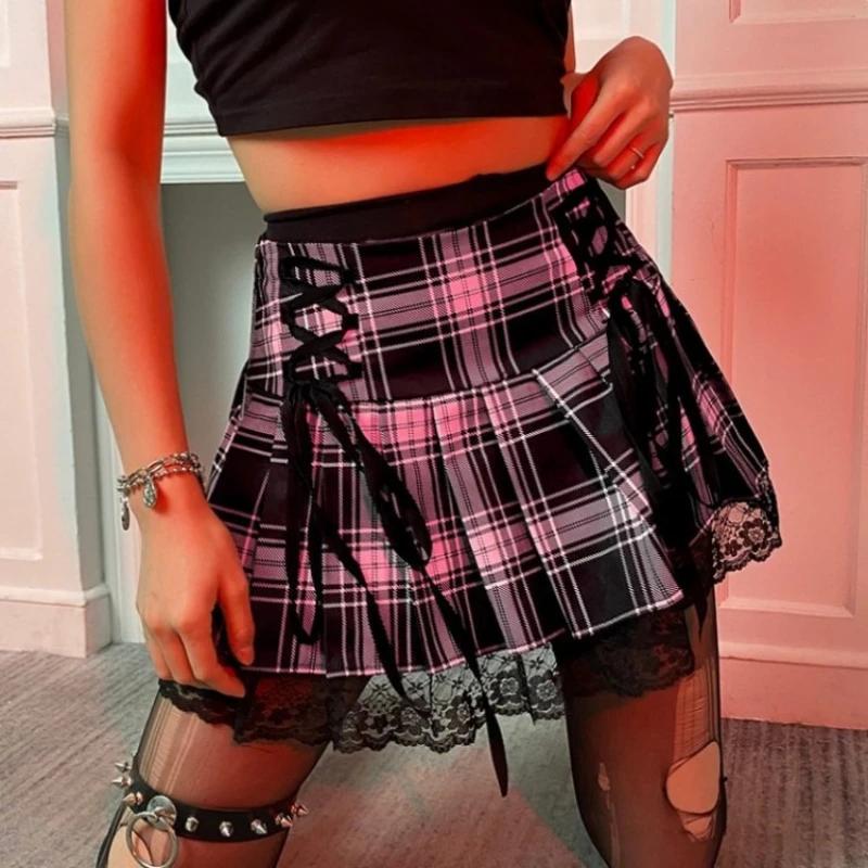 Mini jupes gothiques rétro foncé à lacets, taille haute, imprimé écossais, Vintage, Harajuku, taille