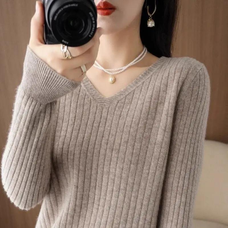 Chic décontracté automne hiver basique pull pulls femmes col en v solide tricot pull ample femme à m