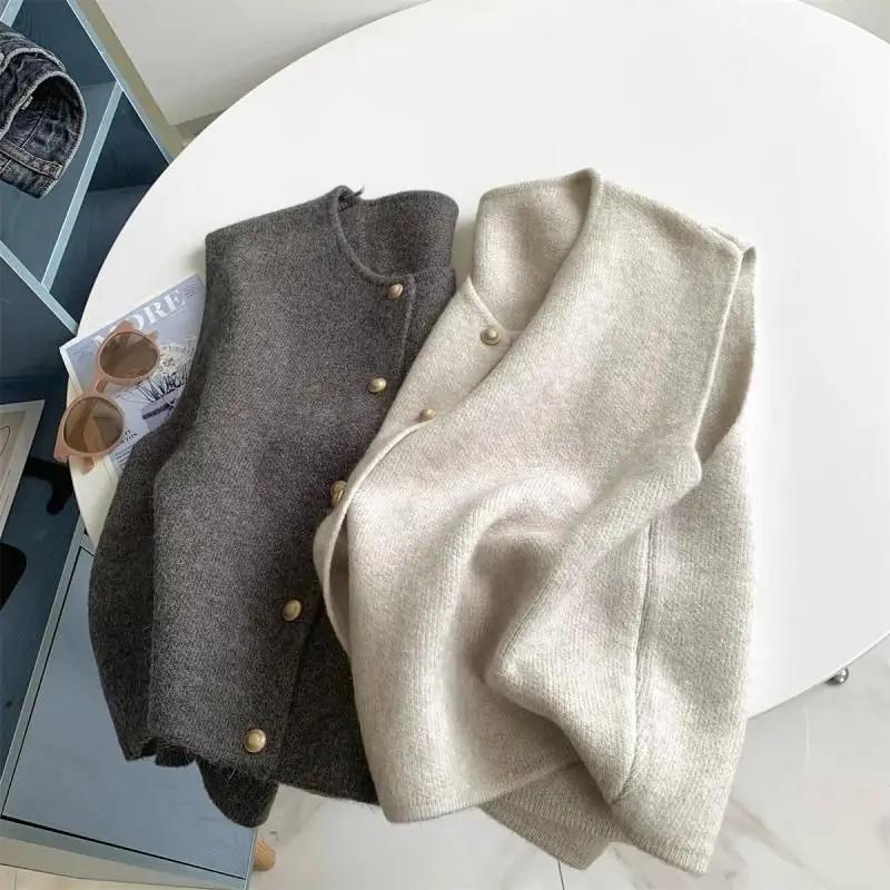Cardigan coréen à col ras du cou pour femmes, boutons solides, manches courtes, manteaux, pull trico