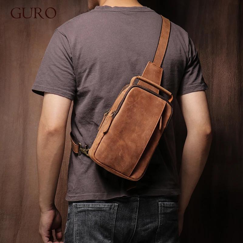 GURO-Sac à bandoulière en cuir véritable pour homme, sac de poitrine vintage, sac de voyage masculin