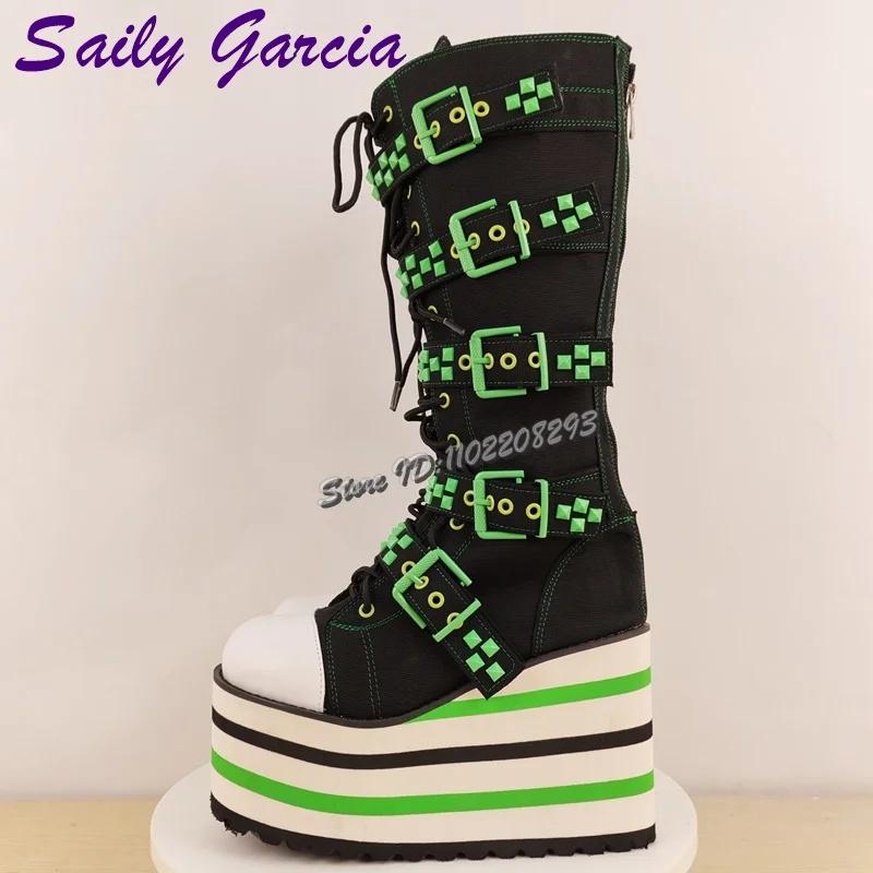 Bottes hautes à lacets avec bretelles à boucle verte, Punk, Patchwork, bout rond, plateforme, mode f