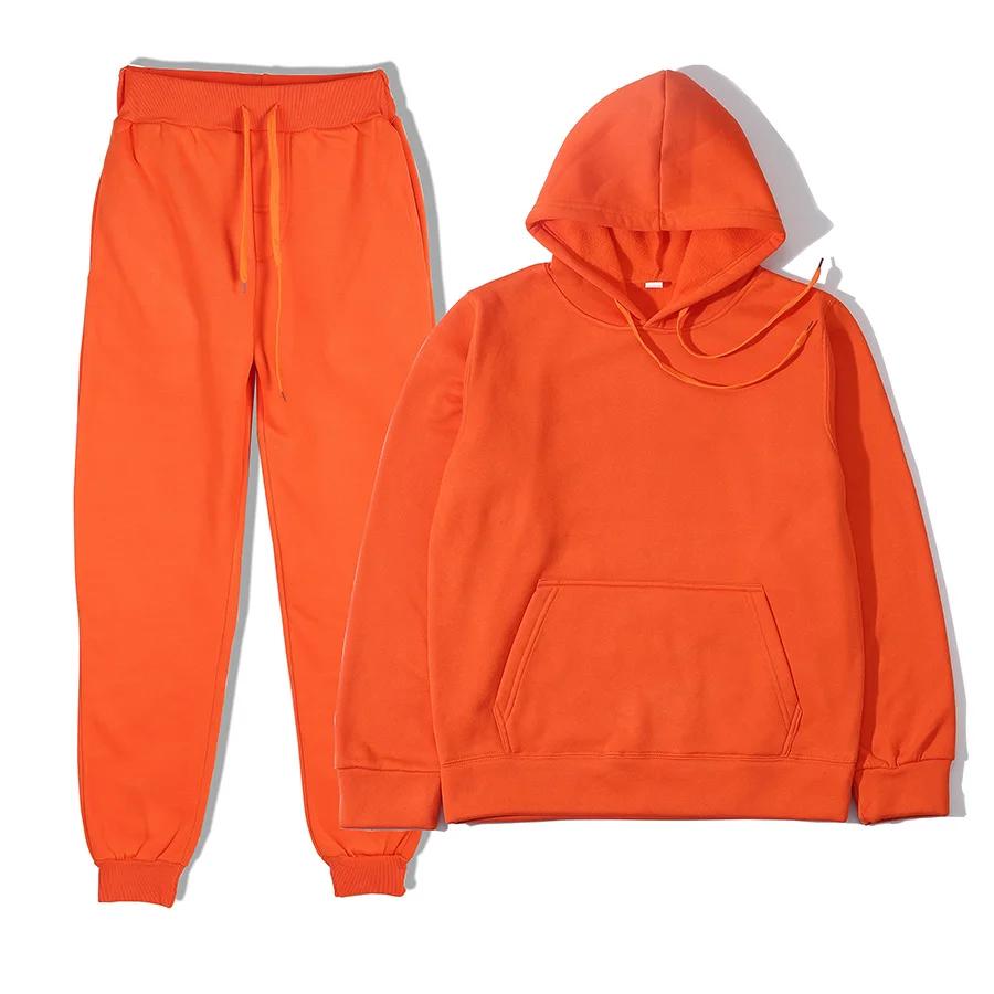 Homme automne et hiver nouvelle couleur unie sweat à capuche + pantalon deux pièces ensemble à la mo