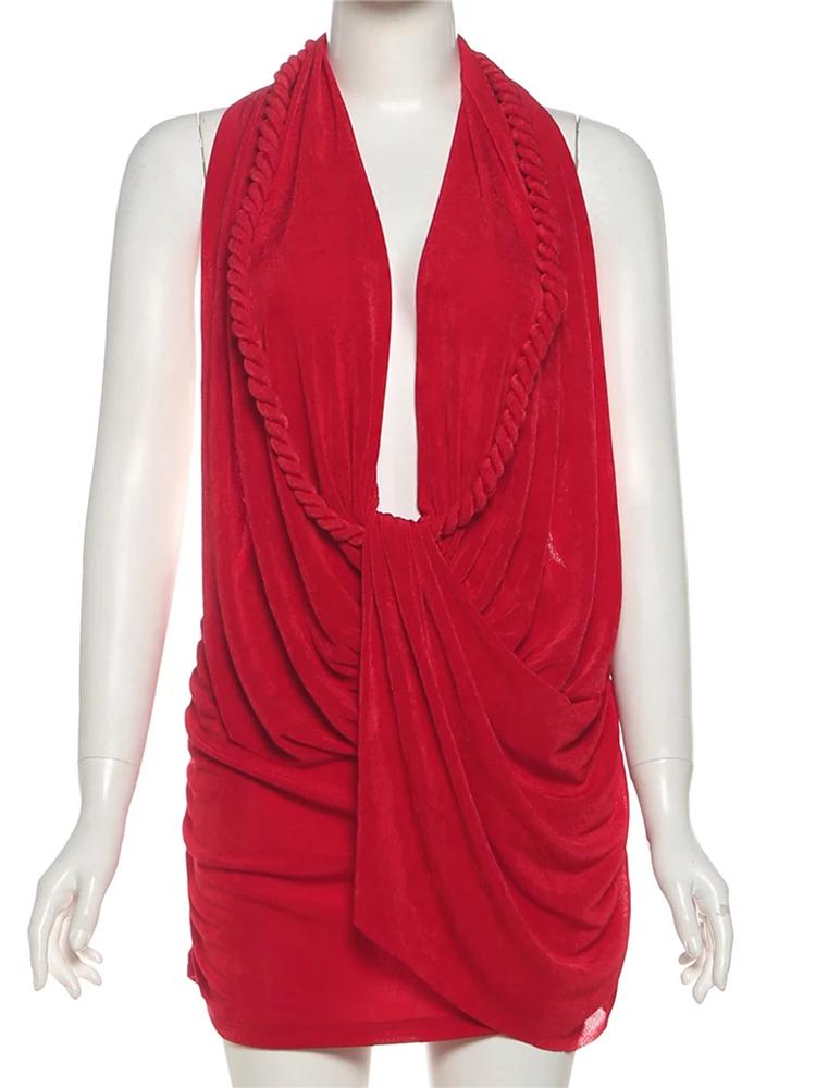 Nibber Dos Nu Robe Femme Twist Bandage Halter Swing Collier Clivage Sans Manches Minuit Club Party S