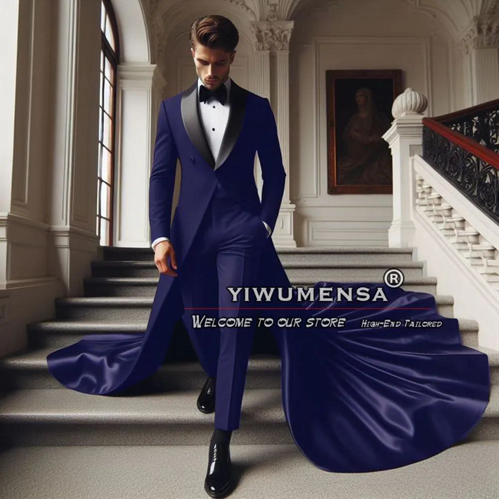 Costumes de mariage de luxe pour hommes, coupe couvertes, châle noir, revers, long manteau, pantalon