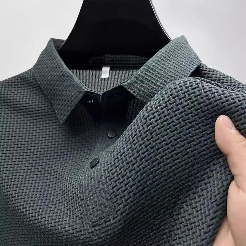Nouveau T-shirt Polo d'été pour homme à manches courtes ajouré en soie glacée respirante, style prof