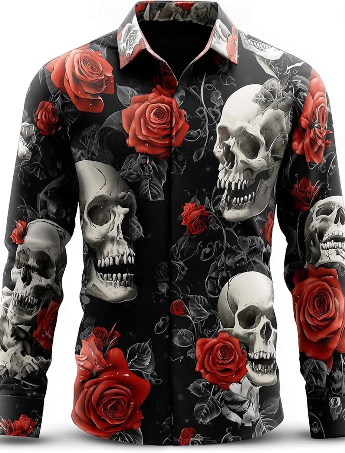 Chemise boutonnée à manches longues pour hommes, squelette Rose Skulls, Style gothique foncé, Street