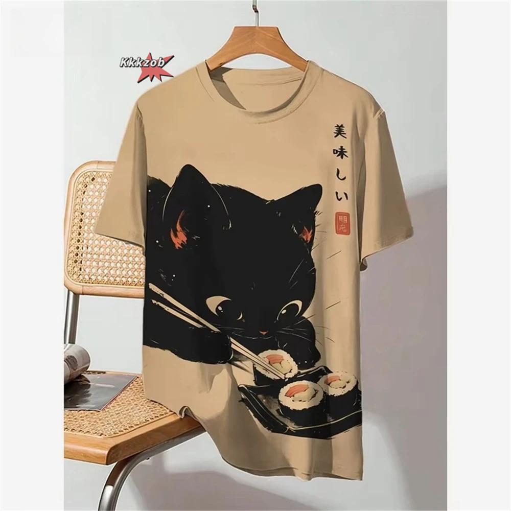 Japonais Ukiyo-E motif de chat mignon col rond hommes à manches courtes quotidien surdimensionné T-S