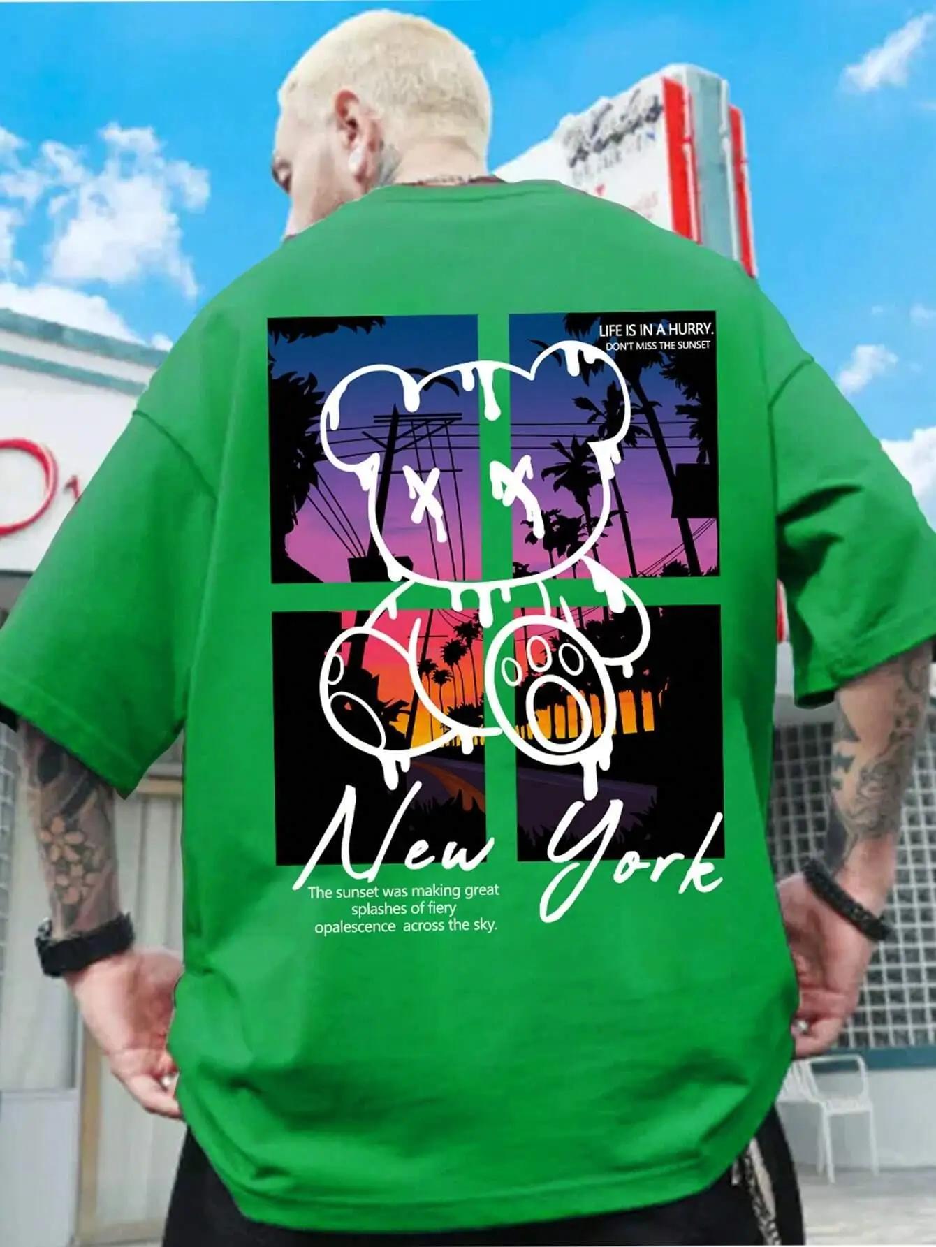 New York Art mot dessin animé ours coucher de soleil paysage conception t-shirts hommes mode coton c