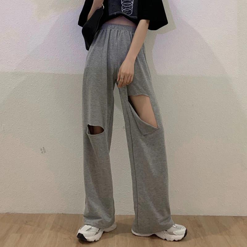Pantalon Harajuku à jambes larges ajouré pour femmes, jogging, troué, Streetwear Chic, pantalon droi