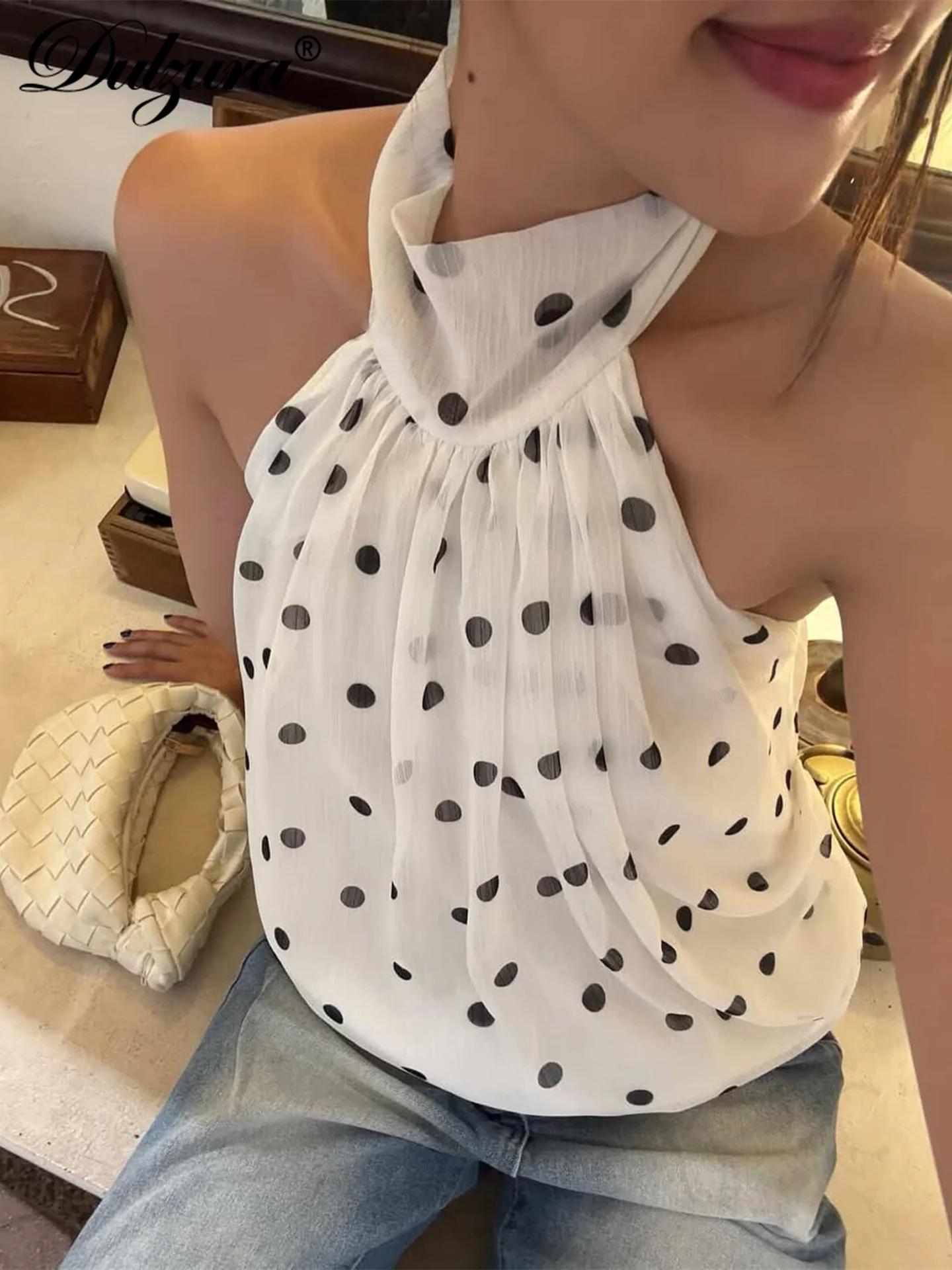 Dulzura Licou Sans Manches Dos Nu Mince À Lacets À Pois Imprimé Haut En Mousseline De Soie Sexy Élég