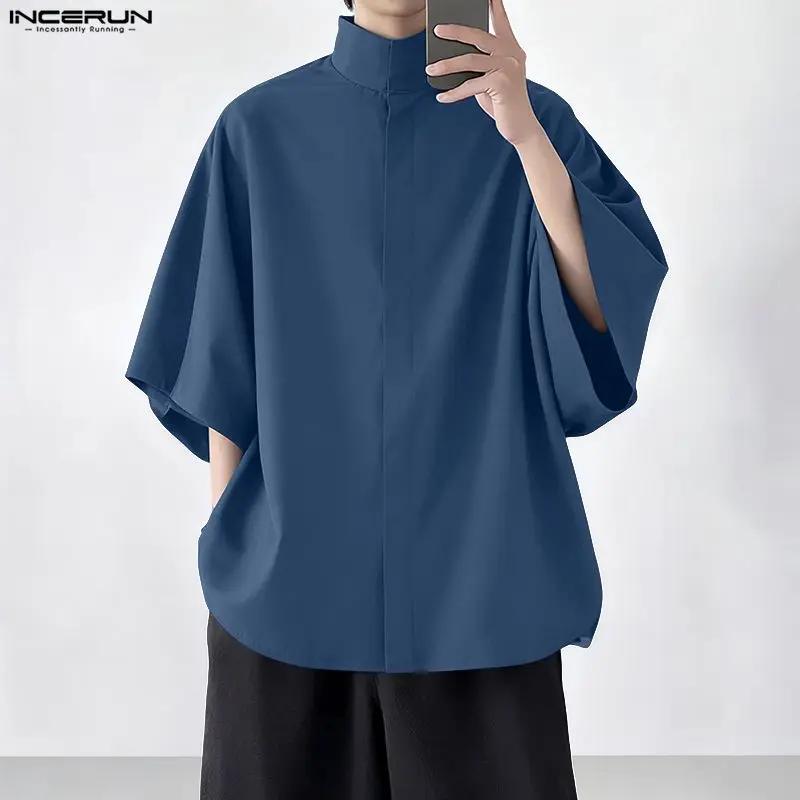 INCERUN hommes chemise solide col montant à manches courtes hommes vêtements en vrac Style coréen St