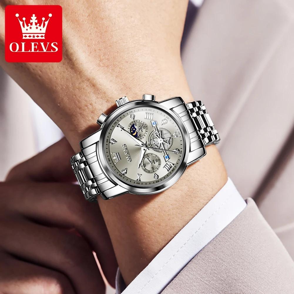 OLEVS-Montre-bracelet classique à quartz pour homme, chronographe multifonctionnel, phase de lune or