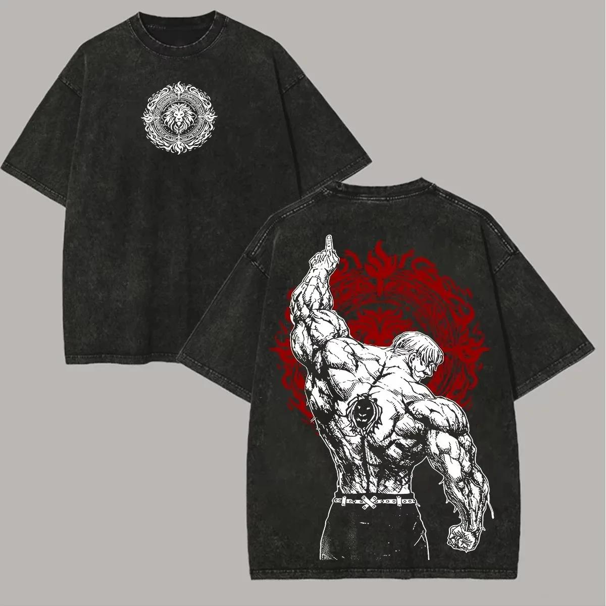T-shirt vintage délavé à imprimé graphique Escanor de l'anime japonais Les sept péchés capitaux, uni