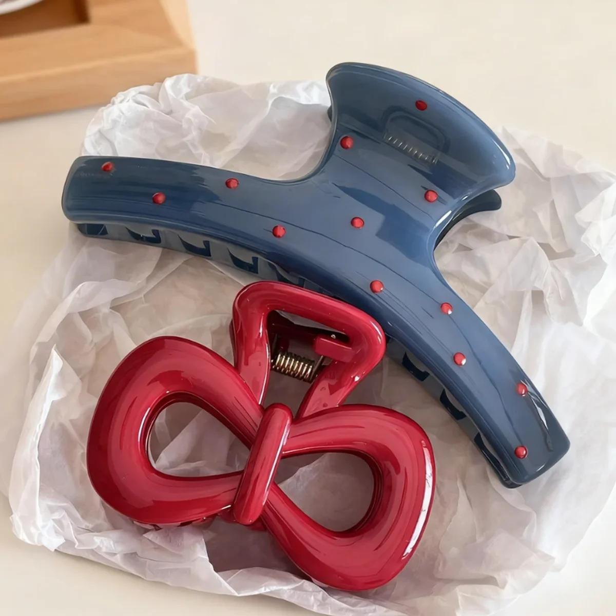 Lot de 2 pinces à cheveux vintage bleues à pois avec nœud rouge, barrettes à griffes de requin, acce