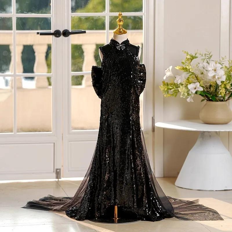 Robe de soirée noire pour filles, idéale pour mariage, anniversaire, cérémonie, spectacle de piano, 