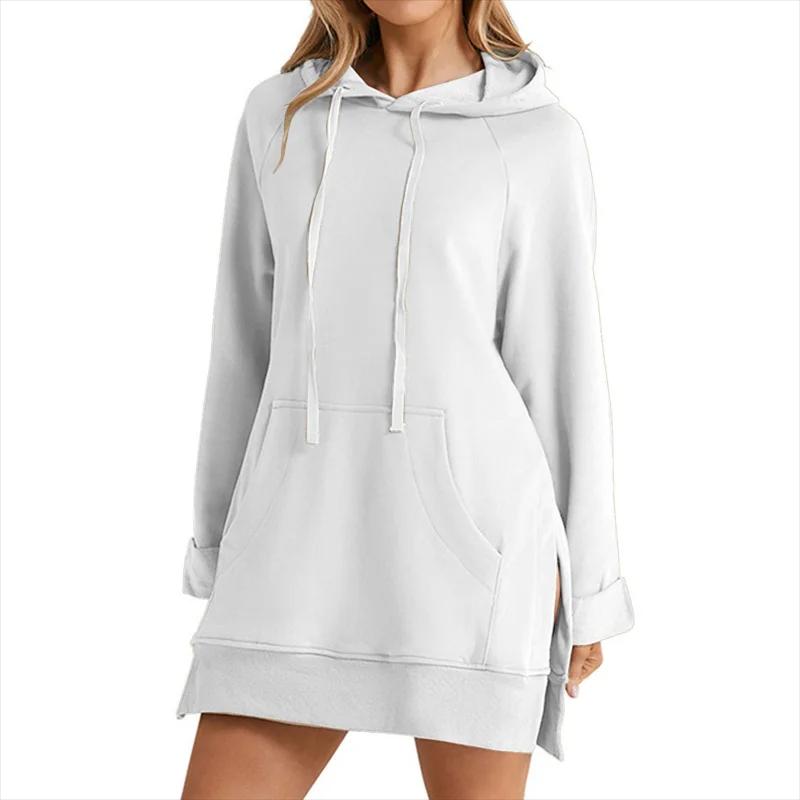 Robe à capuche pour femmes, ourlet fendu, cordon de serrage, ample avec grande poche, pull à capuche