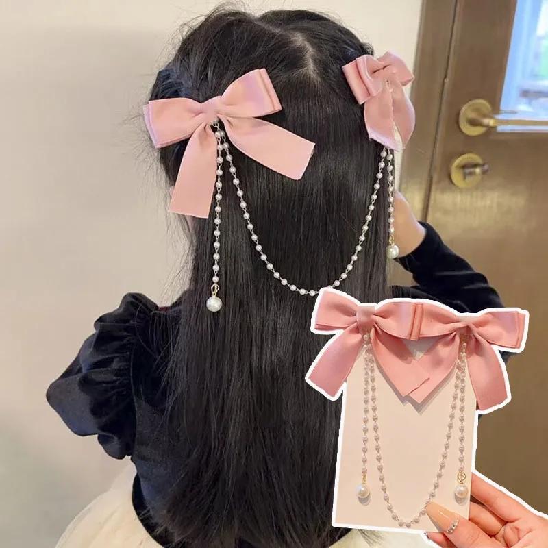 Pince à cheveux avec nœud en chaîne de perles roses, Style princesse doux, épingles à cheveux mignon