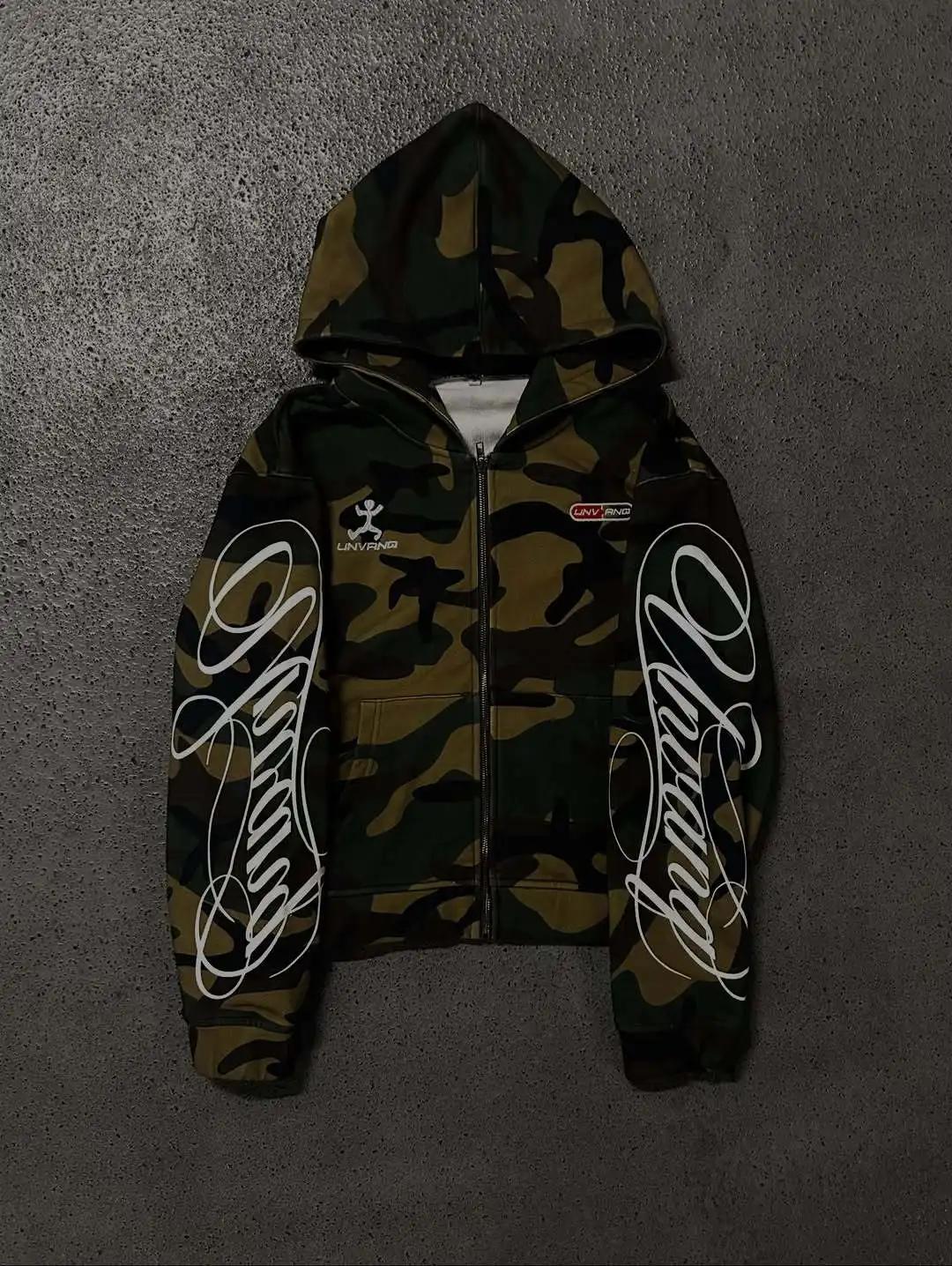 Sweat-shirt à capuche avec fermeture éclair pour hommes et femmes, mode streetwear, broderie camoufl