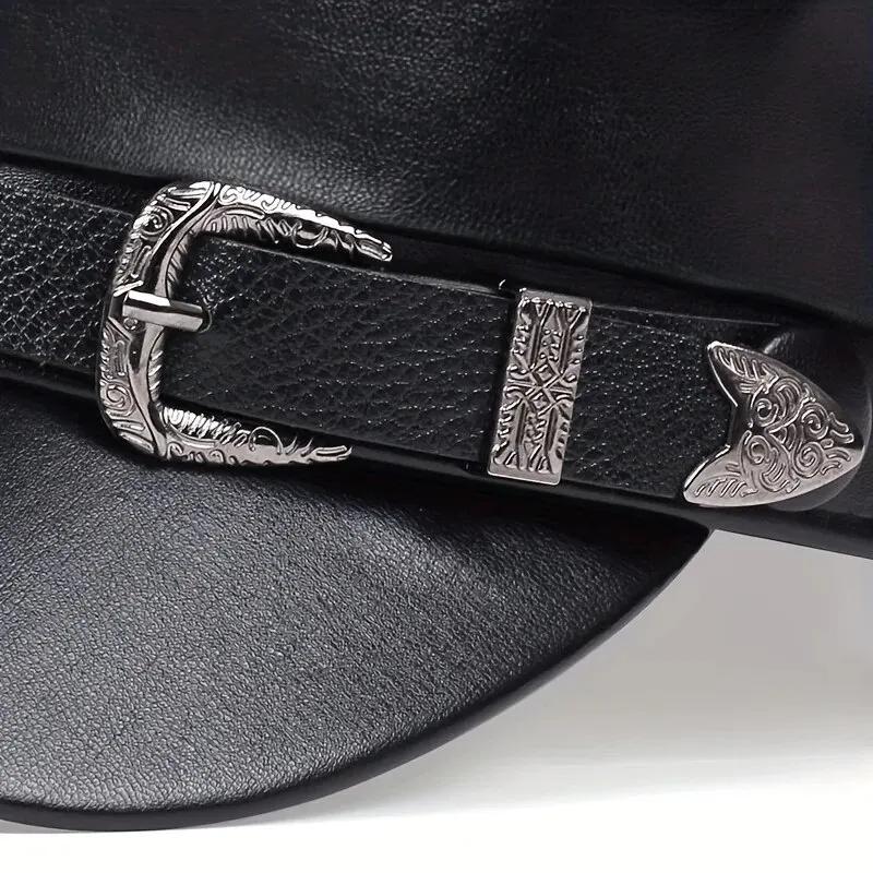 Chapeau en cuir avec grande ceinture pour femmes et hommes, chapeaux de marin, casquettes béret noir